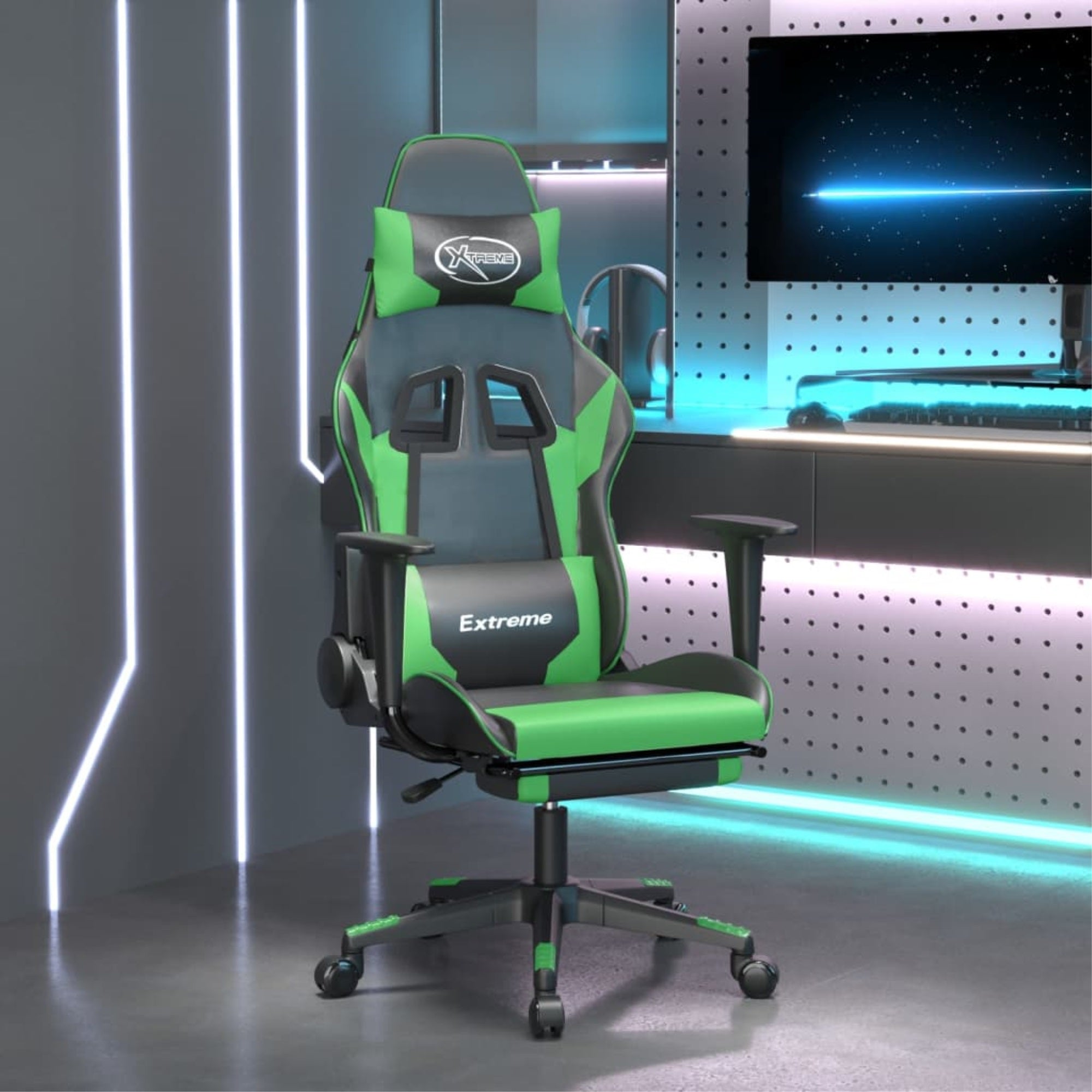 Vidaxl Gaming Chair With Footrest Black And Green Faux Leather