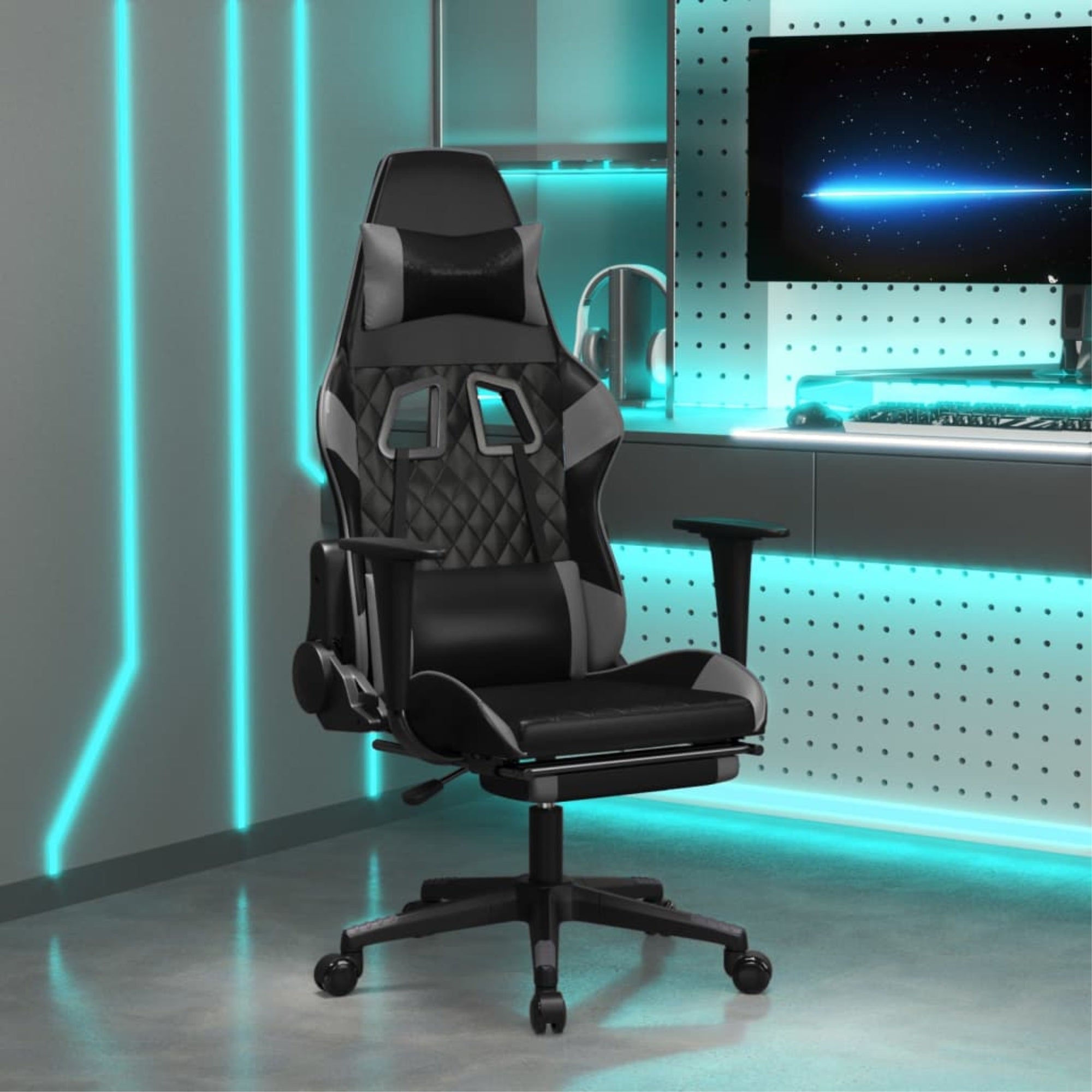 Vidaxl Gaming Chair With Footrest Black And Gray Faux Leather