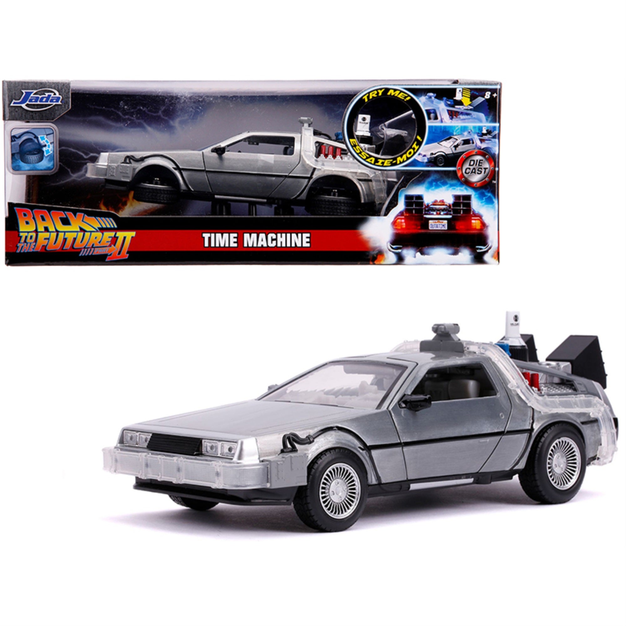 Delorean Brushed Metal Time Machine With Lights (Flying Version) \Back To The Future Part Ii\ (1989) Movie \'Hollywood Rides\' Series 1/24 Diecast Model Car By Jada'''