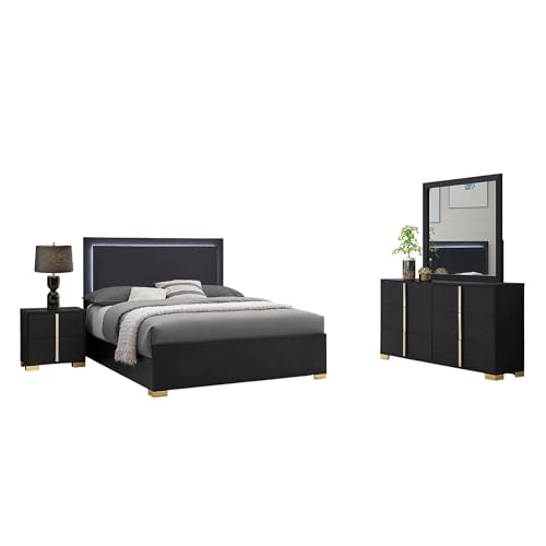 Dex 4 Piece Full Bedroom Set, Black, Gold Accents, LED Headboard