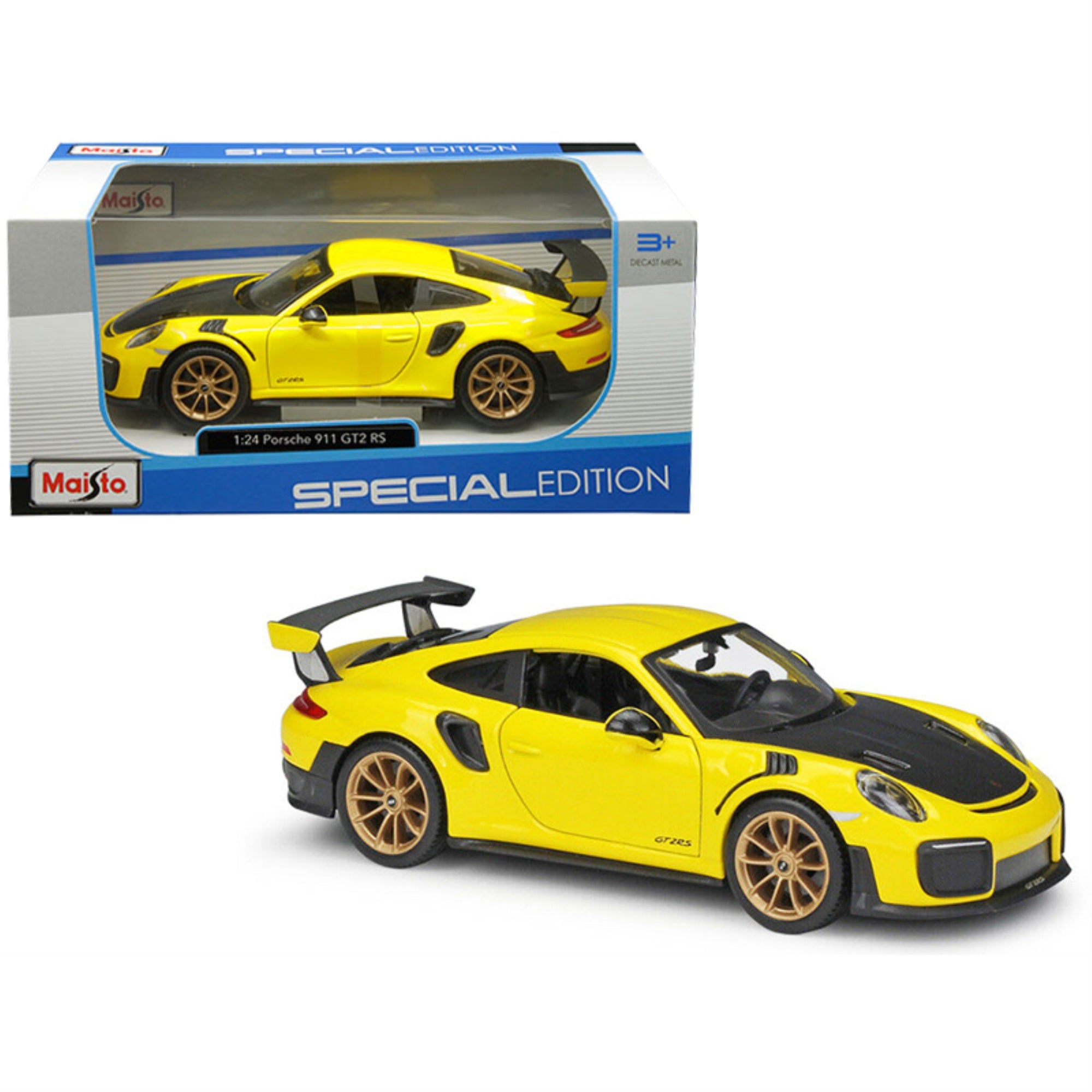 Porsche 911 Gt2 Rs Yellow With Carbon Hood And Gold Wheels 'Special Edition' 1/24 Diecast Model Car By Maisto