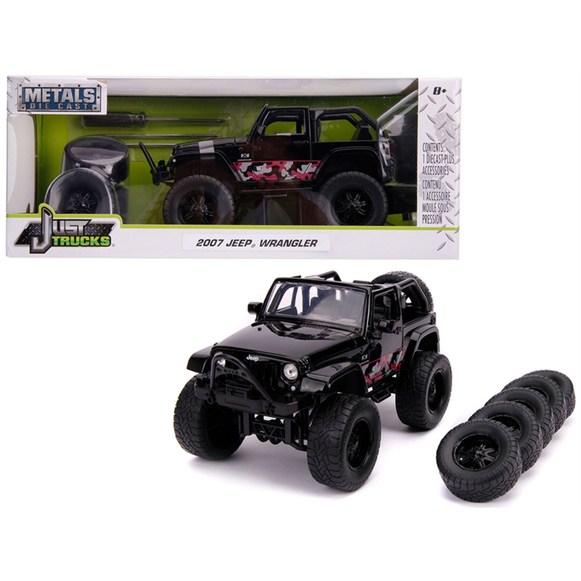 2007 Jeep Wrangler Black With Extra Wheels \Just Trucks\ Series 1/24 Diecast Model Car By Jada'''