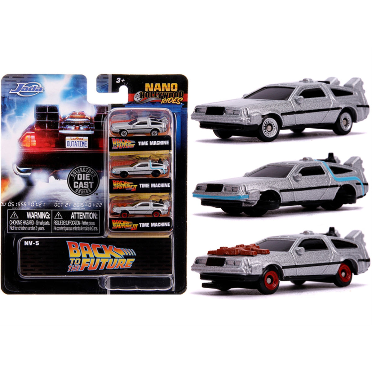 Back To The Future' Time Machine 3 Piece Set 'Nano Hollywood Rides' Diecast Model Cars By Jada