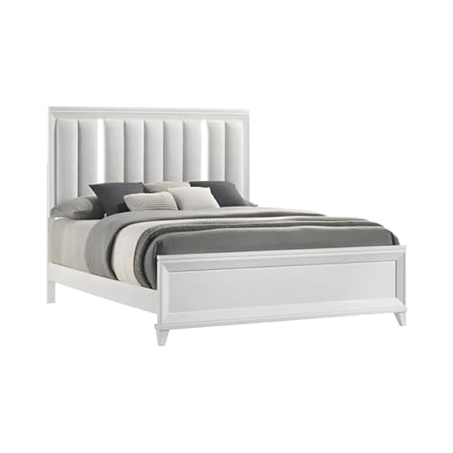 Ressy King Platform Bed with LED, Channel Tufted Upholstery, White Wood