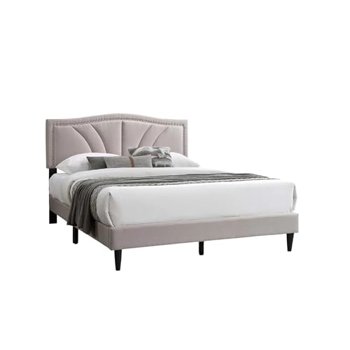 Carie Full Bed, Light Brown Burlap Upholstery, Padded Headboard