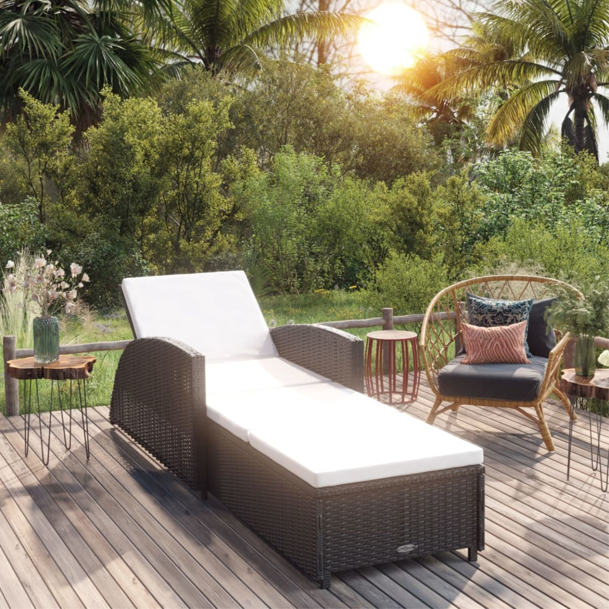 Vidaxl Sun Lounger With Cream White Cushion Poly Rattan Black