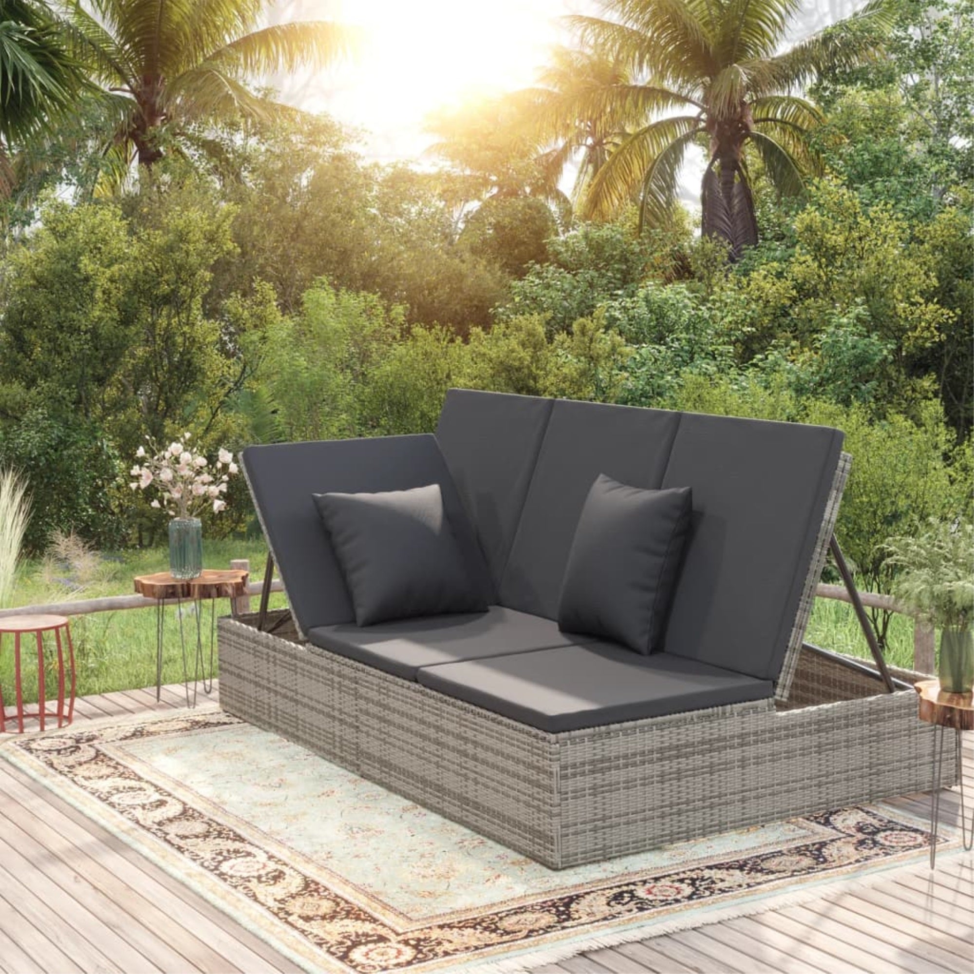 Vidaxl Convertible Sun Bed With Cushions Poly Rattan Dark Gray