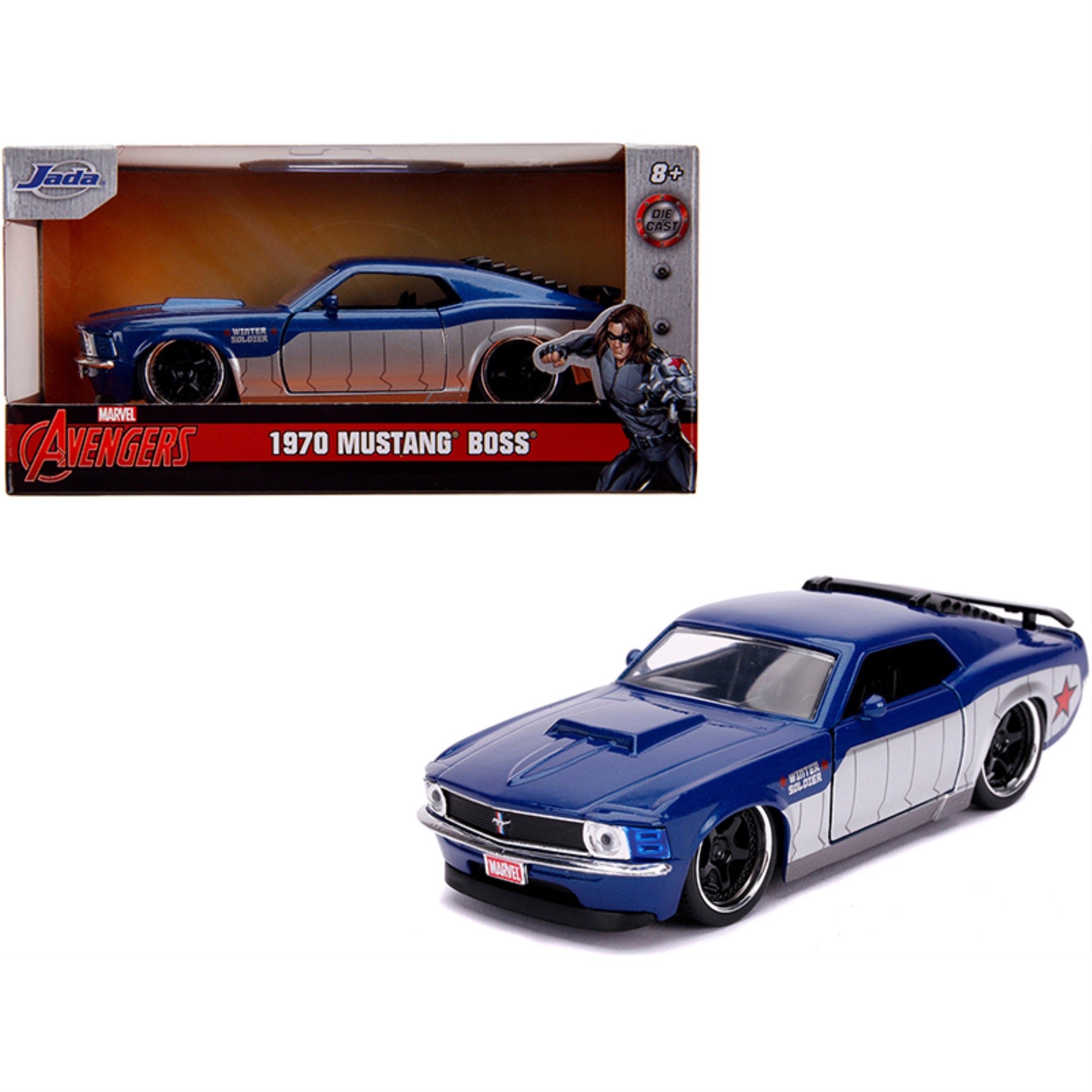 1970 Ford Mustang Boss Blue Metallic And Silver 'Winter Soldier' 'Avengers' 'Marvel' Series 1/32 Diecast Model Car By Jada