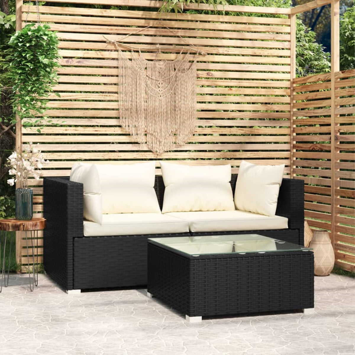 Vidaxl 3 Piece Patio Lounge Set With Cushions Black Poly Rattan