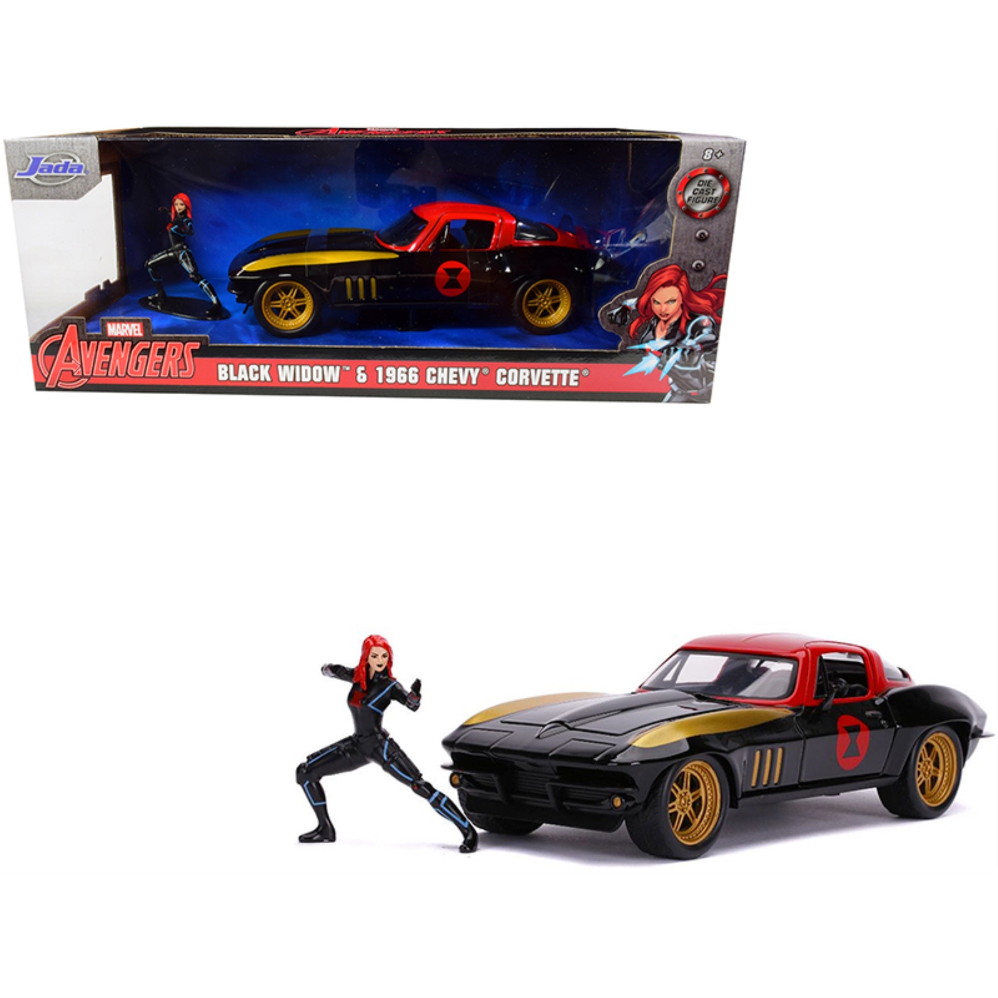 1966 Chevrolet Corvette With Black Widow Diecast Figurine 'Avengers' 'Marvel' Series 1/24 Diecast Model Car By Jada