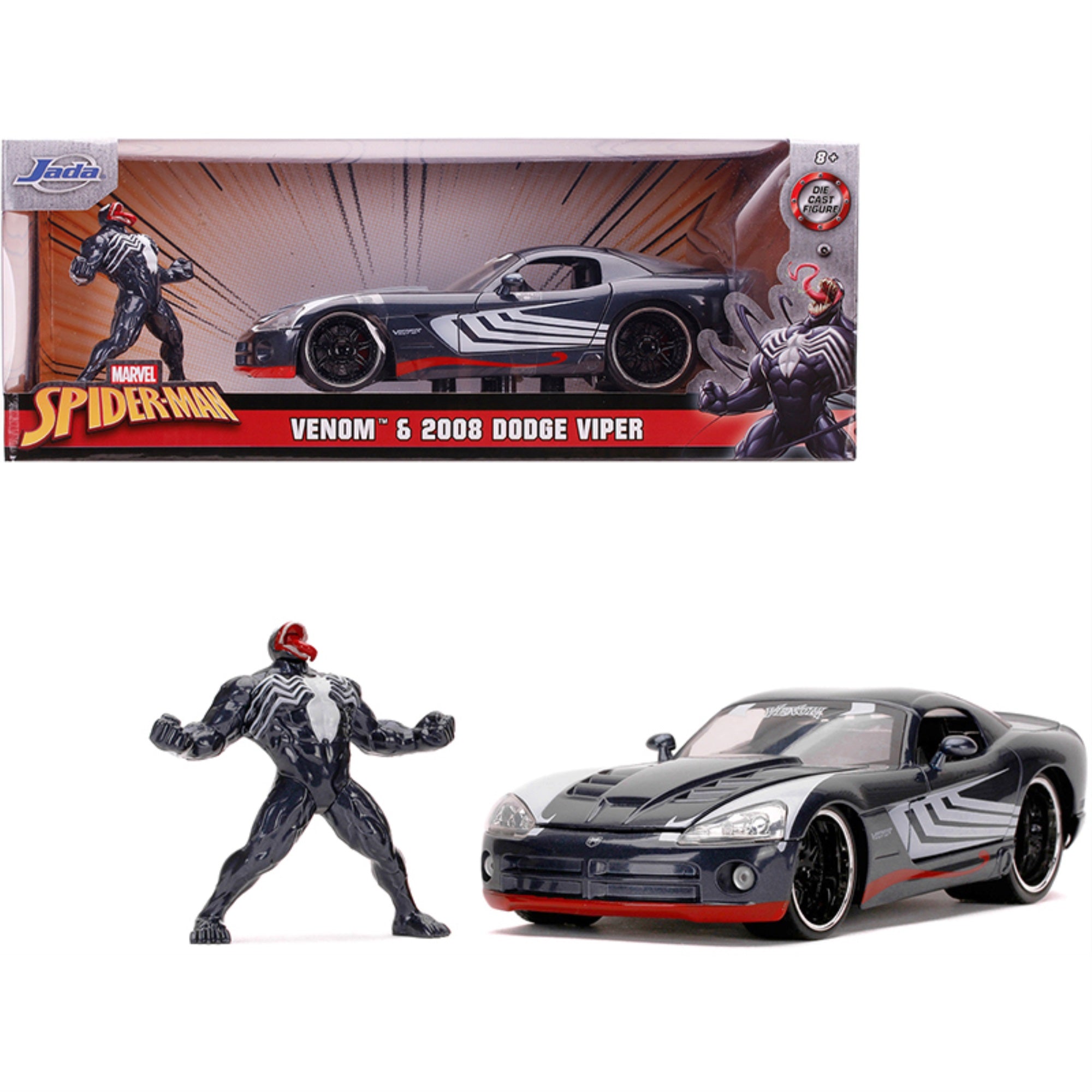 2008 Dodge Viper Srt10 Dark Gray With Venom Diecast Figurine 'Spider-Man' 'Marvel' Series 1/24 Diecast Model Car By Jada