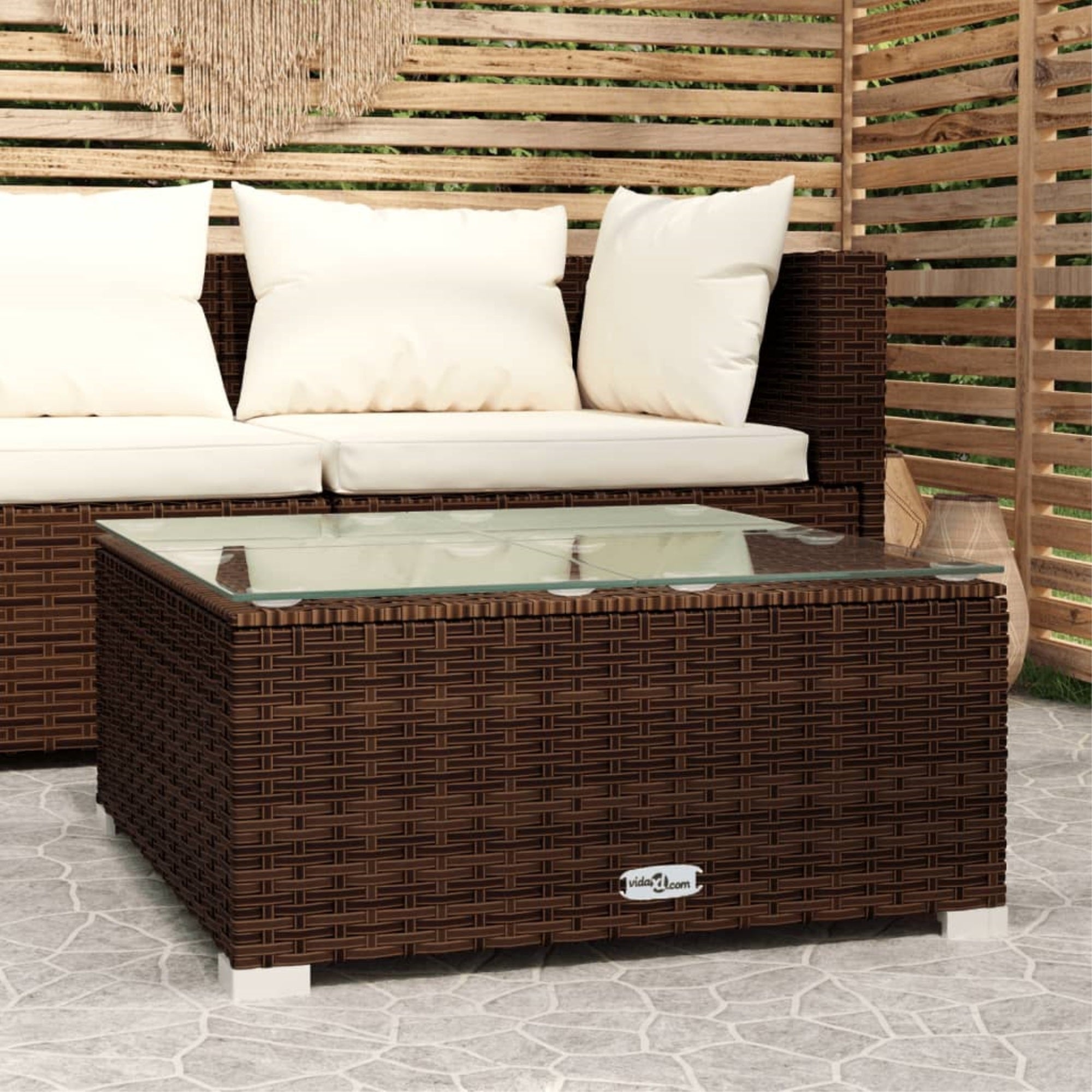 Vidaxl Patio Coffee Table Brown 23.6'X23.6'X11.8' Poly Rattan & Glass
