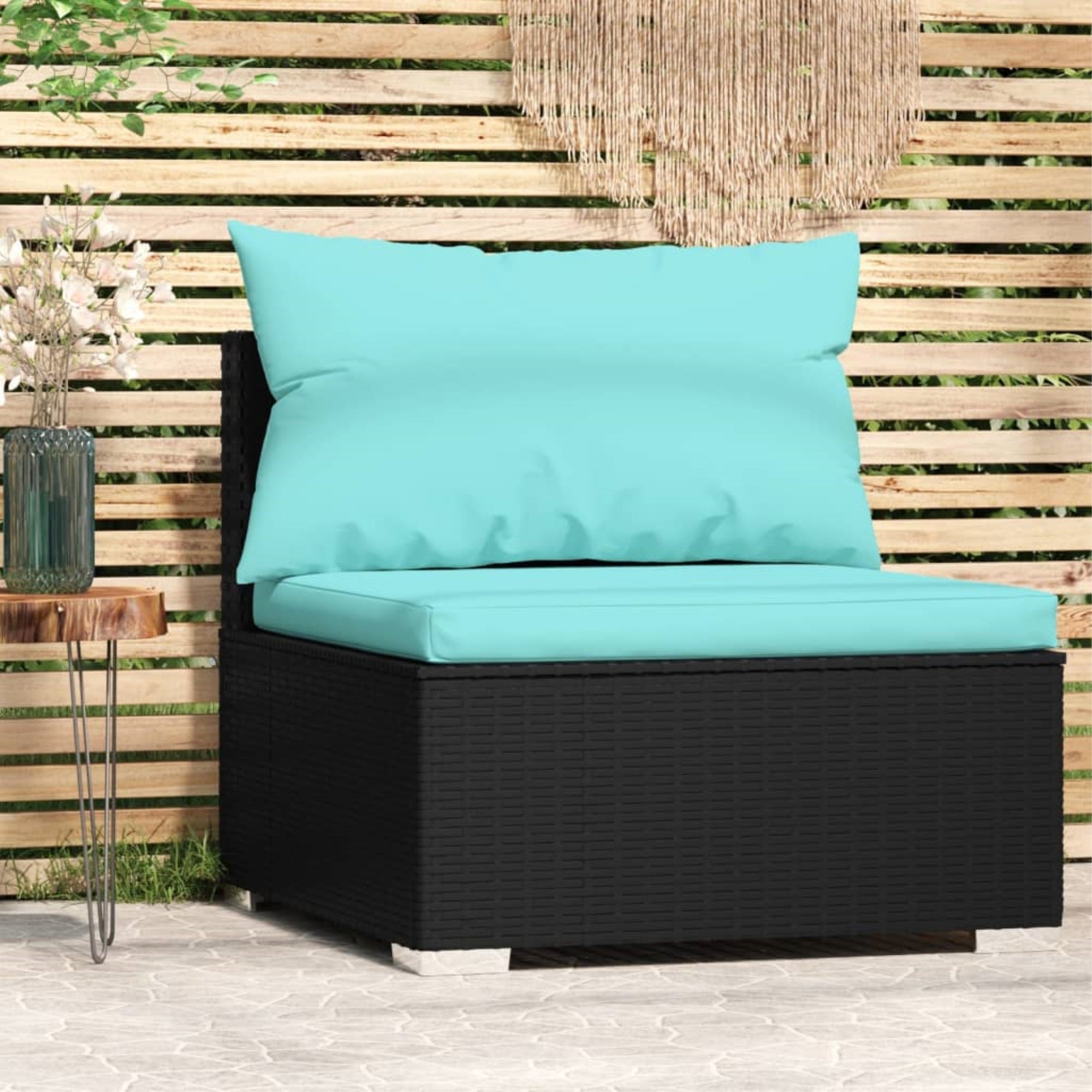 Vidaxl Patio Middle Sofa With Cushions Black Poly Rattan