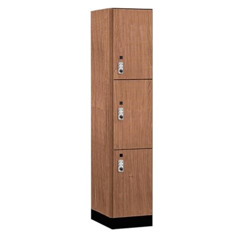 Salsbury 15 Wide Premier Wood Locker-Triple Tier-1 Wide-6 Feet High-21” Deep-Red Oak-Silver Resettable Combination Locks