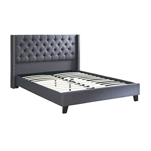 Polyfiber Upholstered Full Size Bed Featuring Nail head Trim Blue Gray