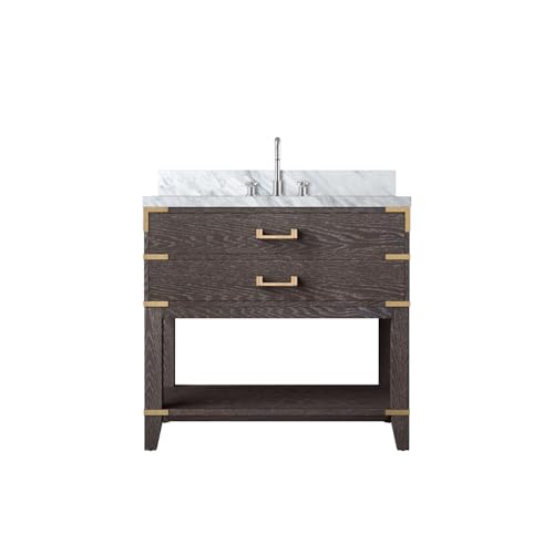 Norwalk 36 in W x 22 in D Brown Oak Single Bath Vanity, Carrara Marble Top, and Faucet Set