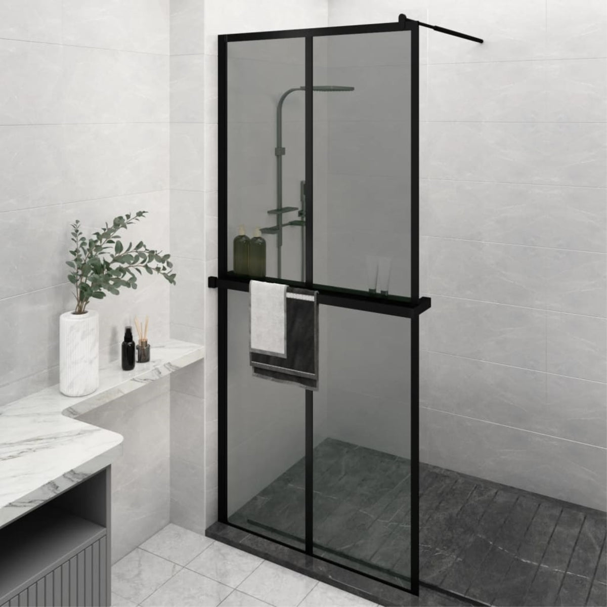 Vidaxl Walk-In Shower Wall With Shelf Black 35.4'X76.8' Esg Glass&Aluminum