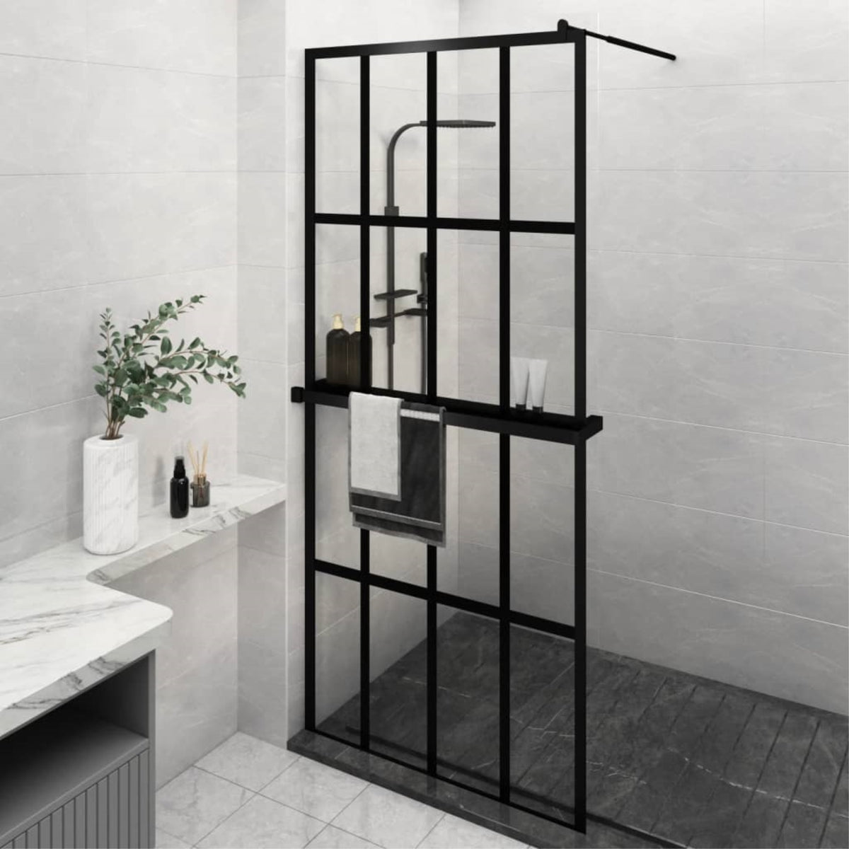 Vidaxl Walk-In Shower Wall With Shelf Black 39.4'X76.8' Esg Glass&Aluminum