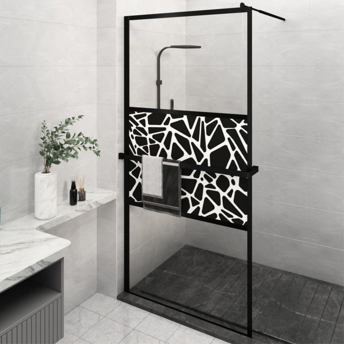 Vidaxl Walk-In Shower Wall With Shelf Black 45.3'X76.8' Esg Glass&Aluminum