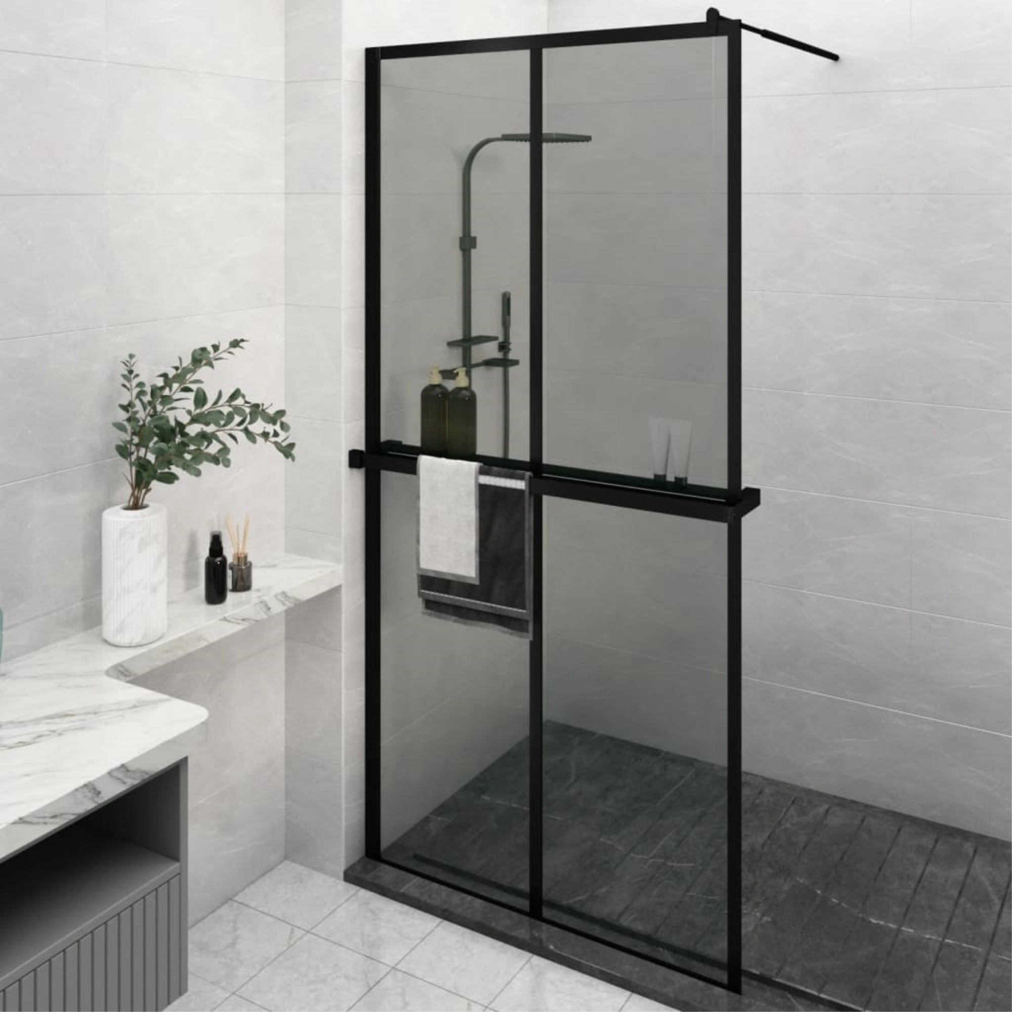 Vidaxl Walk-In Shower Wall With Shelf Black 46.5'X74.8' Esg Glass&Aluminum