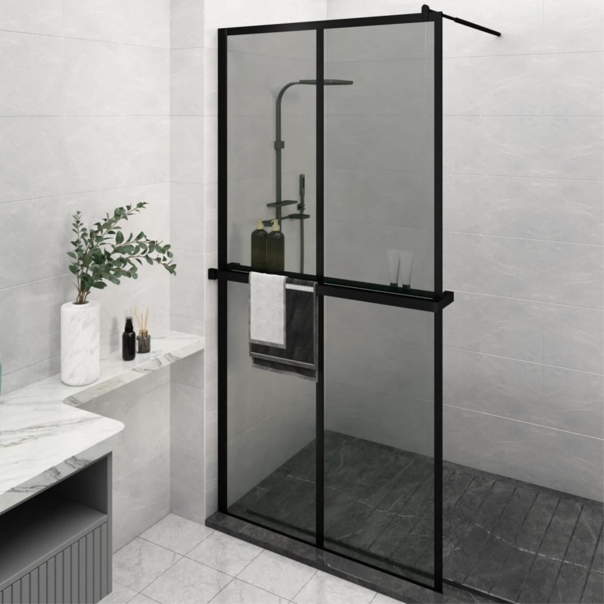 Vidaxl Walk-In Shower Wall With Shelf Black 46.5'X74.8' Esg Glass&Aluminum