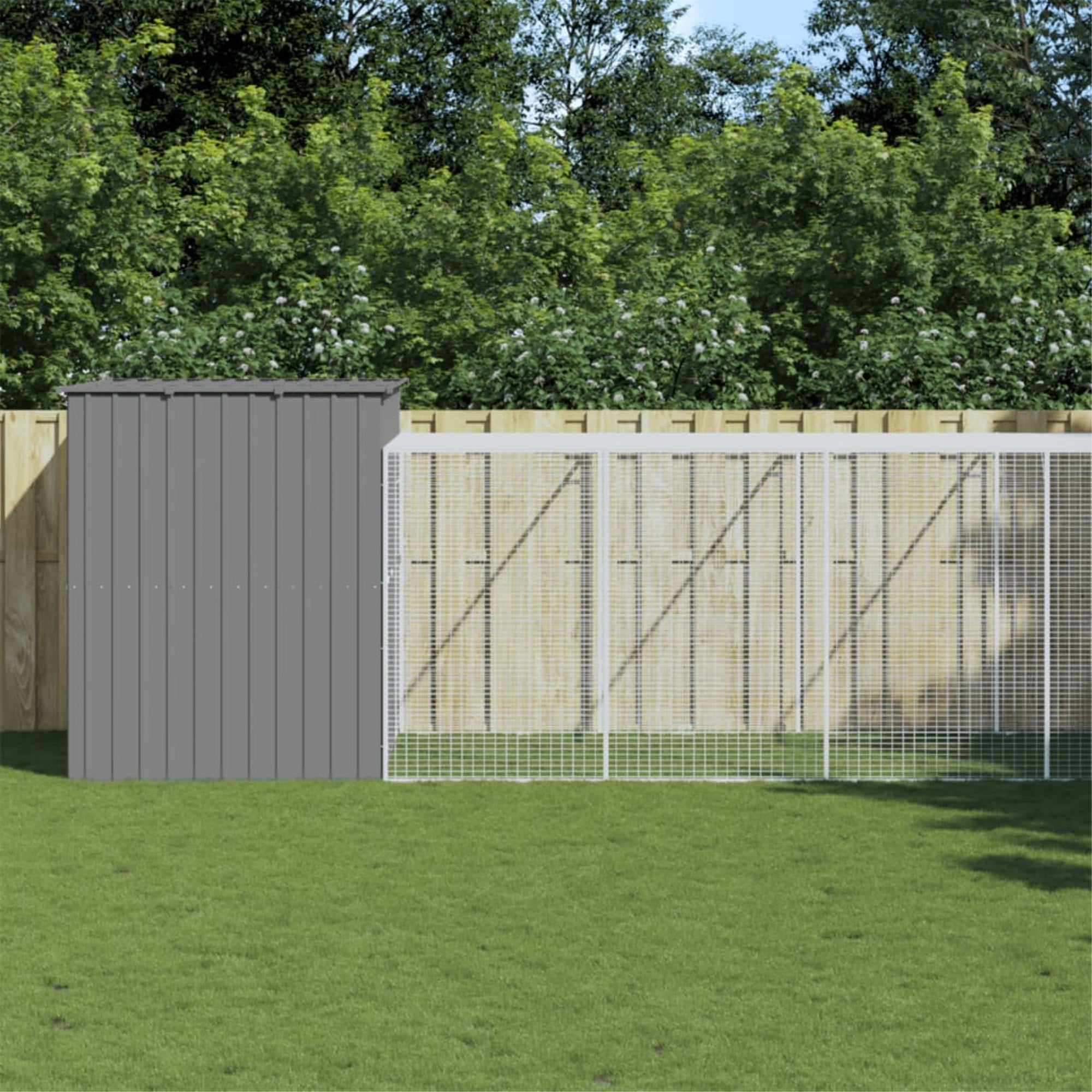 Vidaxl Dog House With Run Light Gray 84.3'X260.2'X71.3' Galvanized Steel