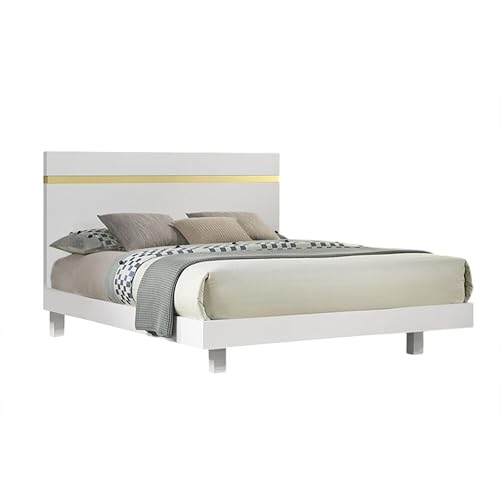 Yoki King Size Bed w Underbed LED, Acrylic Gold Trim, White Frame