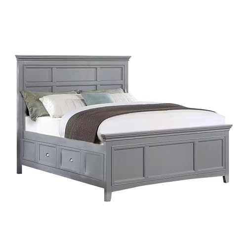 Lile Queen Bed with Crown Moulding, Storage Drawers, Gray Solid Wood