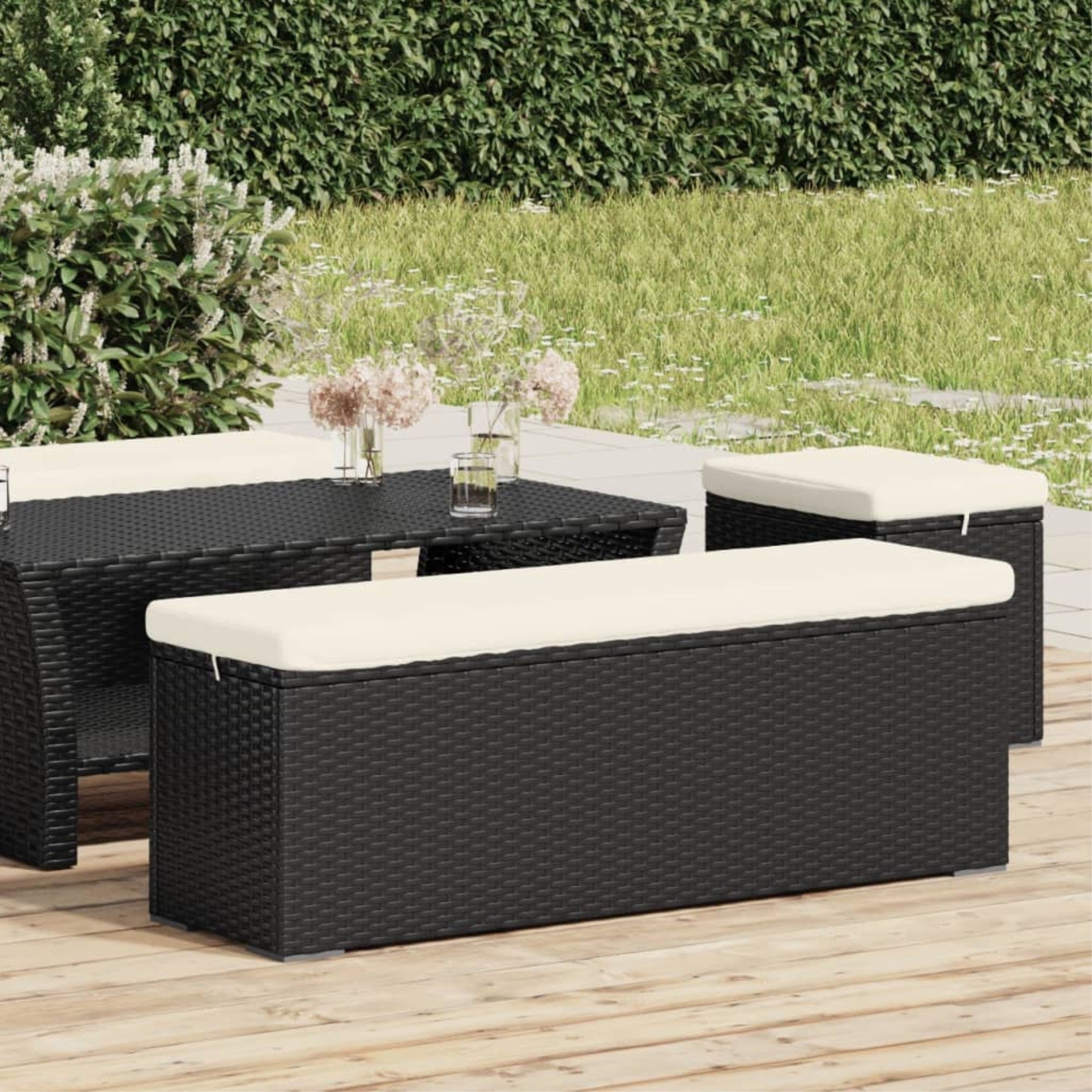 Vidaxl Ottoman Bench With Cushion Black 43.3'X11.8'X15.7' Poly Rattan