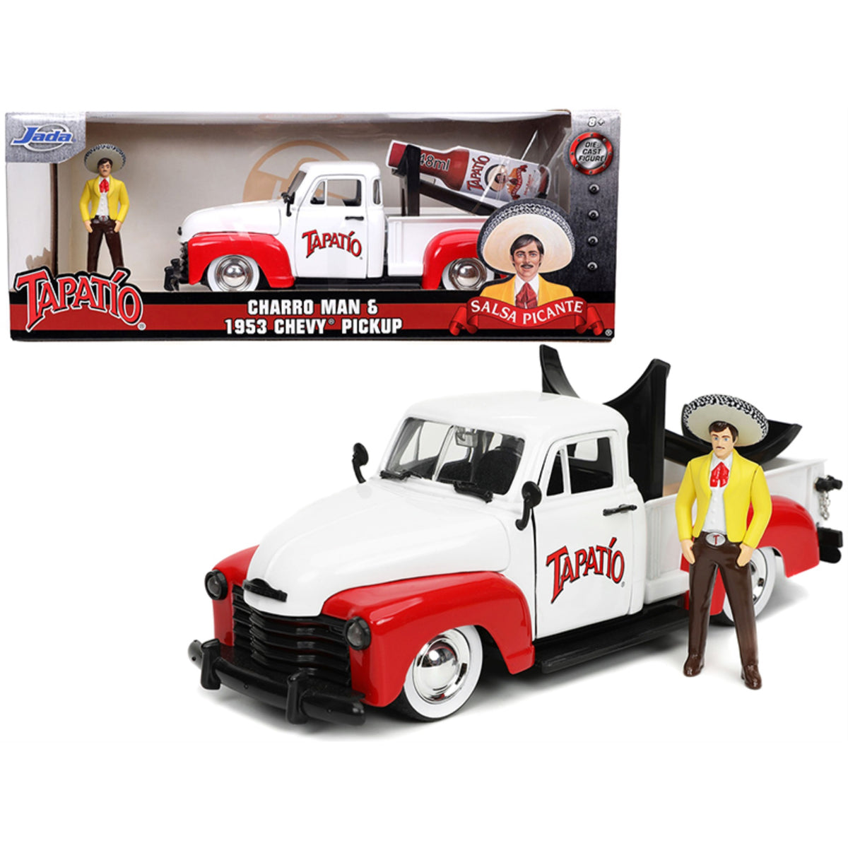 1953 Chevrolet Pickup Truck White And Red With Charro Man Diecast Figurine 'Tapatio' 1/24 Diecast Model Car By Jada