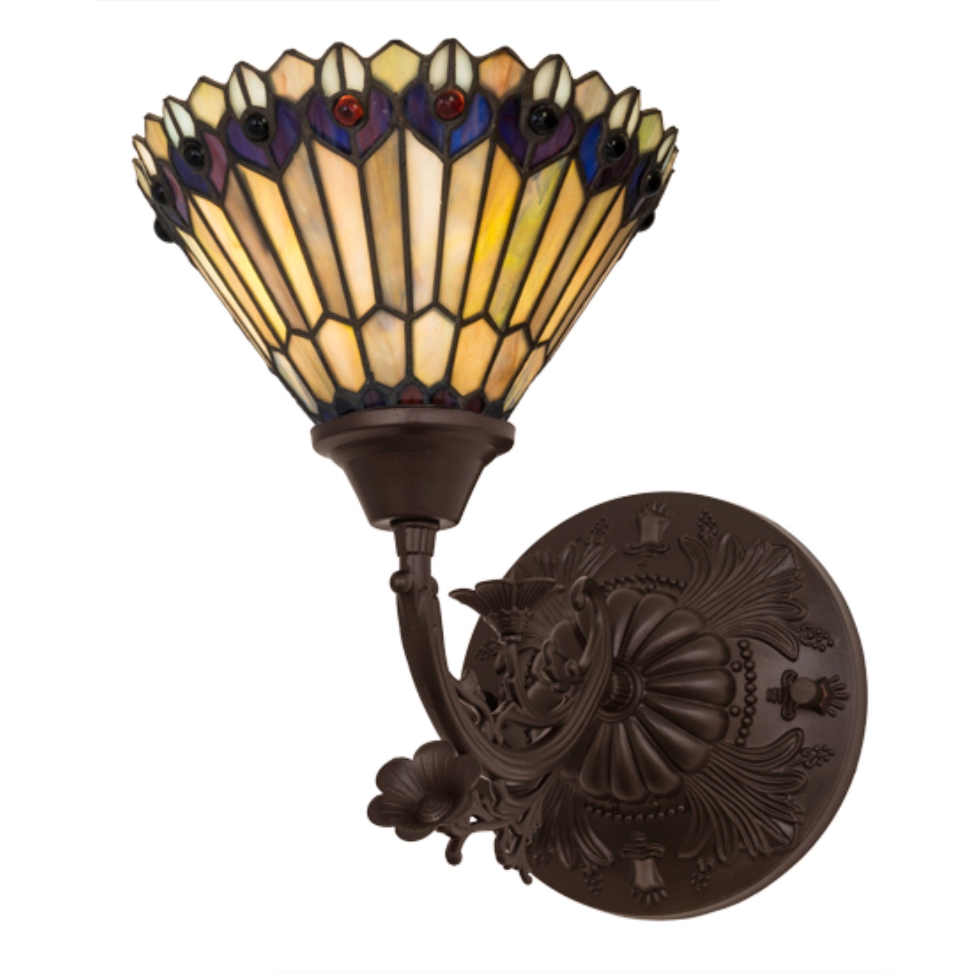 8'W Tiffany Jeweled Peacock Wall Sconce