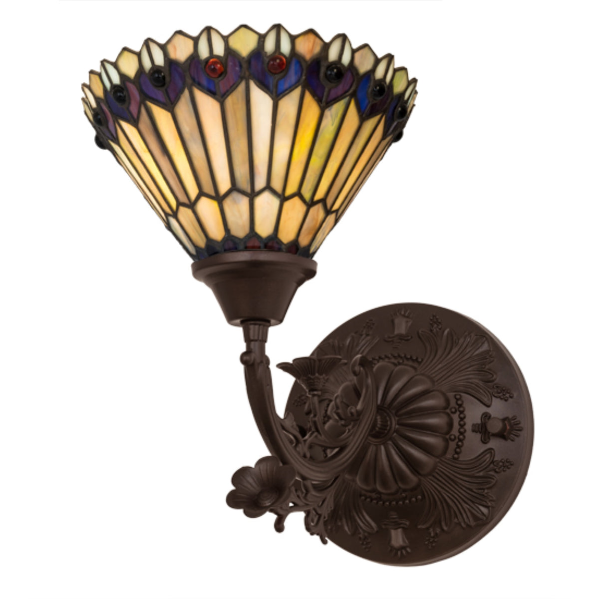 8'W Tiffany Jeweled Peacock Wall Sconce