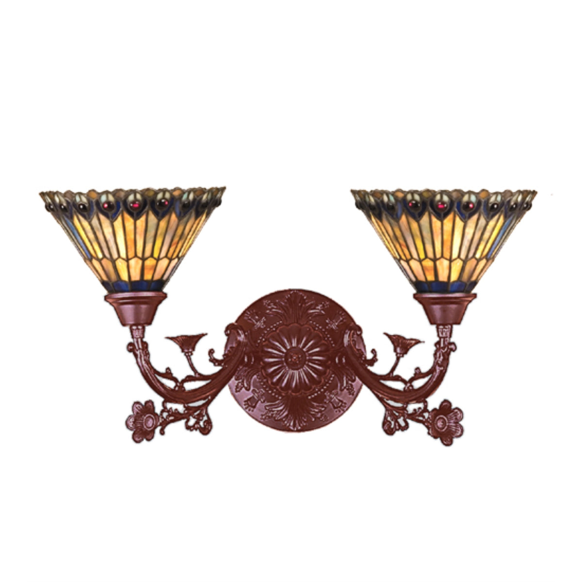 21'W Tiffany Jeweled Peacock 2 Lt Wall Sconce