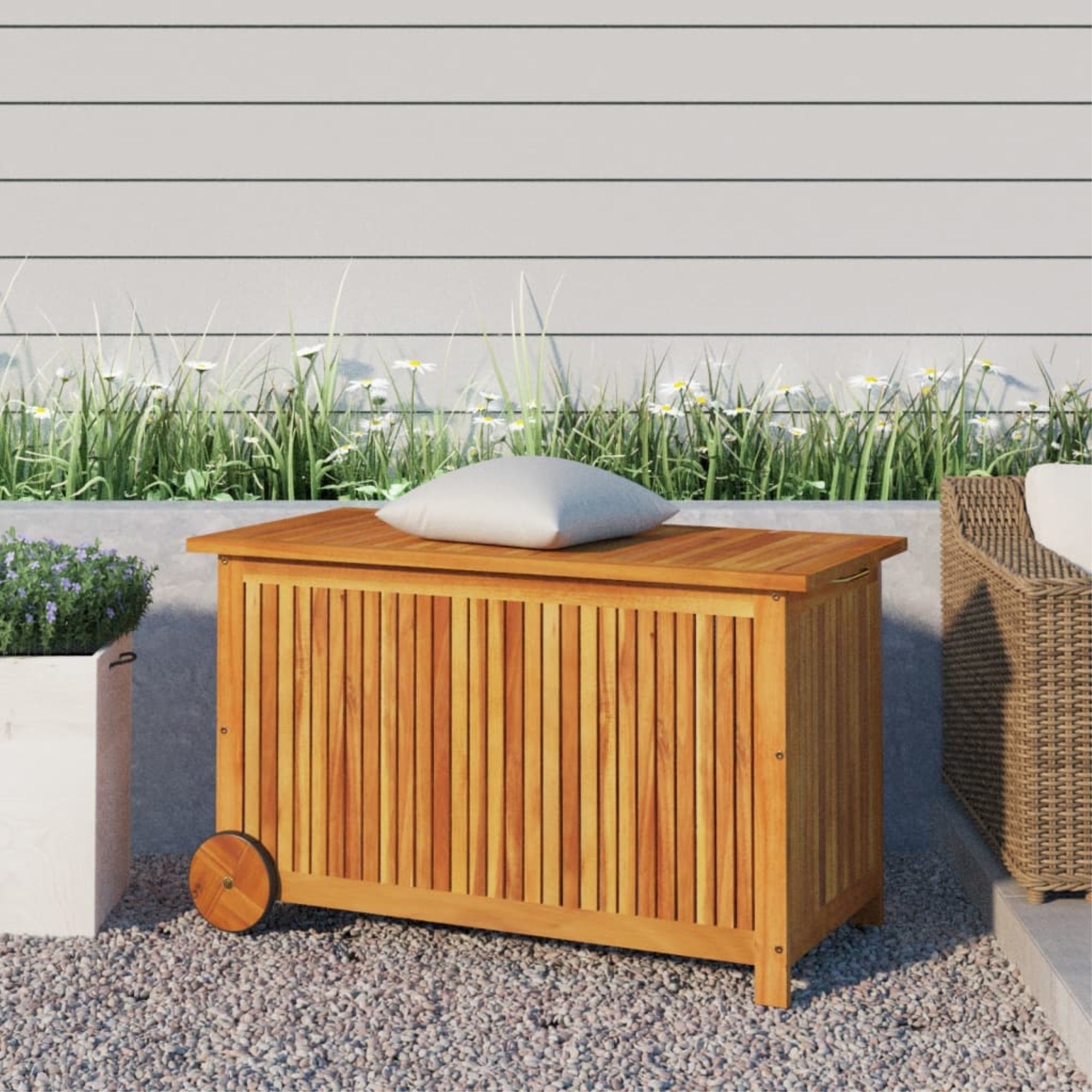 Vidaxl Patio Storage Box With Wheels 35.4'X19.7'X22.8' Solid Wood Acacia