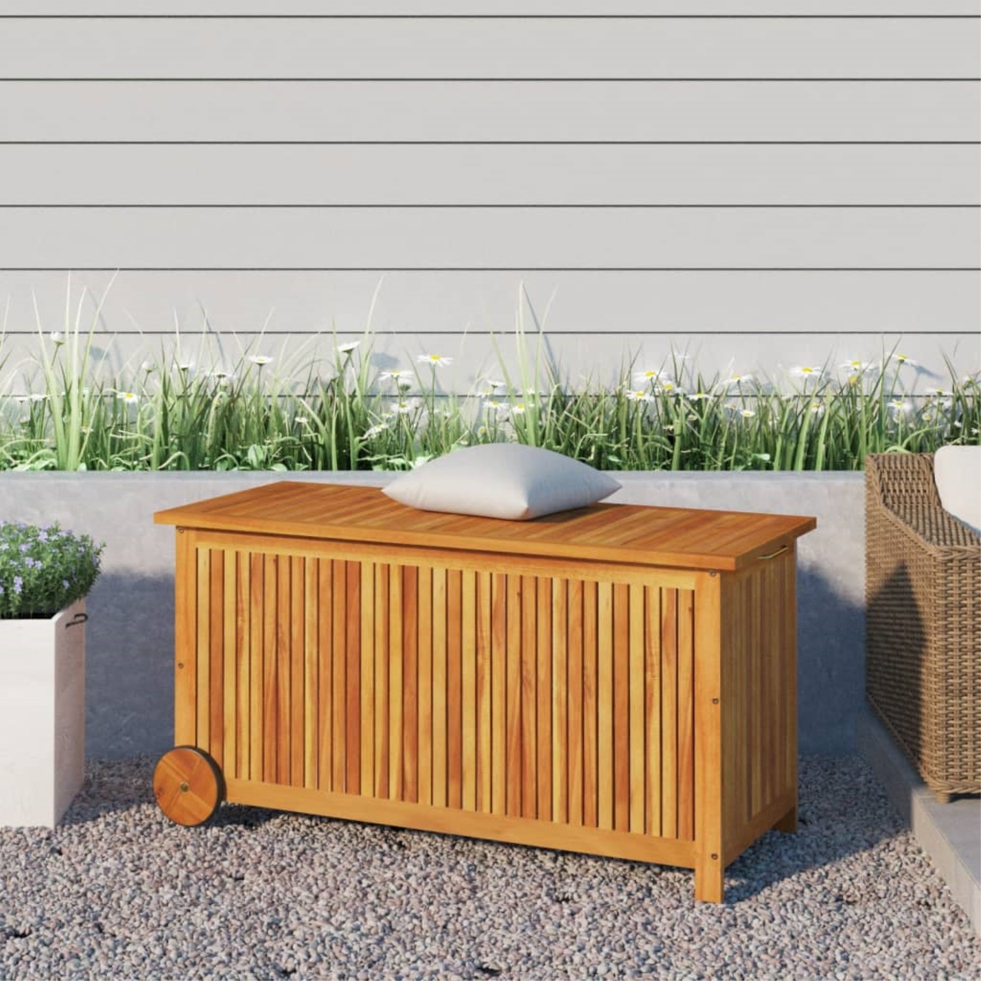 Vidaxl Patio Storage Box With Wheels 44.5'X19.7'X22.8' Solid Wood Acacia