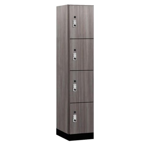 Salsbury 15 Wide Premier Wood Locker-Four Tier-1 Wide-6 Feet High-21” Deep-Skyline Walnut-Silver Resettable Combination Locks