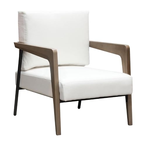 Deni Accent Armchair, White Polyester Linen Seat, Curved Wood Legs