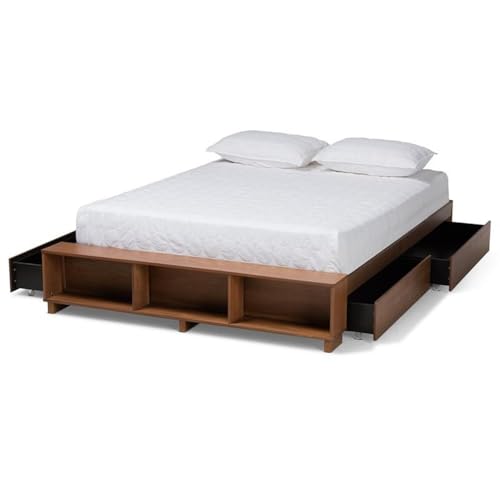 Baxton Studio Arthur Modern Rustic Ash Walnut Brown Finished Wood Queen Size Platform Bed With Built-In Shelves