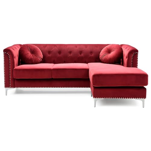 Pompano 83 in. Burgundy Tufted Velvet Sectional with 2-Throw Pillow