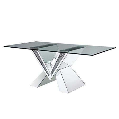 Benjara Wood And Glass Dining Table With Mirror And Faux Crystal Inlays, Silver And Clear