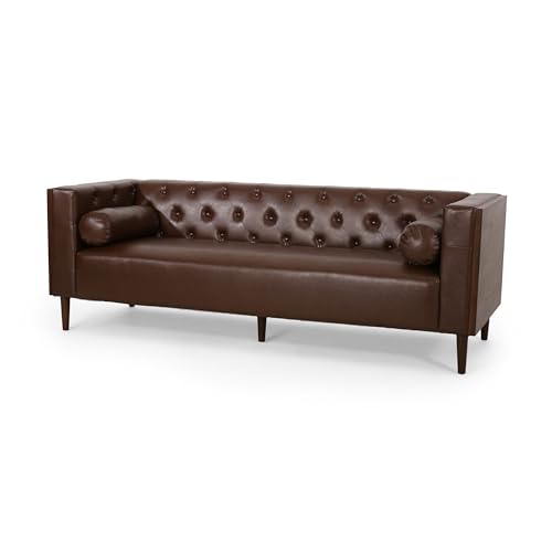 Biya Sofa, 3 Seater, 90 Inch, Tufted Dark Brown Faux Leather, 2 Pillow