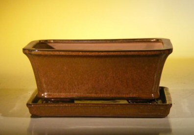 Aztec Orange Ceramic Bonsai Pot - Rectangle<br>With Attached Humidity/Drip tray<br>8.5 x 6.5 x 3.5
