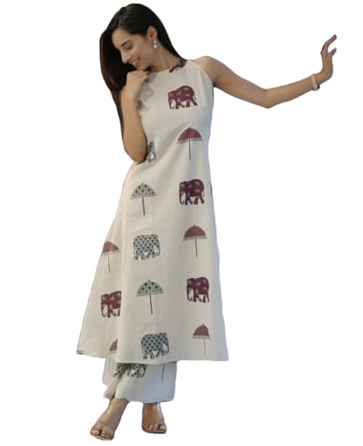 Gosriki WomenS Rayon Viscose A-Line Printed Kurta With Palazzo (Surai White-Gs_L_White_Large)