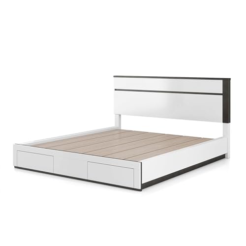Kena King Size Bed, White Gray Panel Headboard, Low Profile Footboard