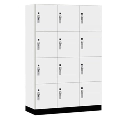 Salsbury 18 Wide Premier Wood Locker-Four Tier-3 Wide-6 Feet High-18” Deep-Arctic White-Silver Hasps