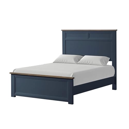 Tela Twin Size Bed w Recessed Panel Headboard, Dark Brown Trim, Blue