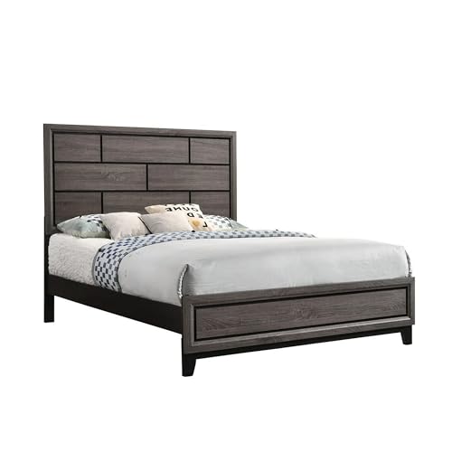 Asir Full Size Bed, Geometric Panel Headboard, Modern Gray Wood Finish