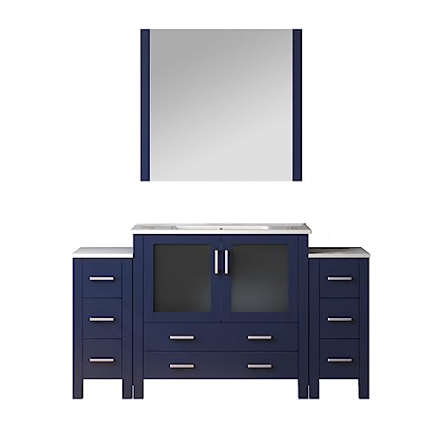 Volez 60 in W x 18.25 in D Navy Blue Bath Vanity with Side Cabinets, White Ceramic Top, and 34 in Mirror