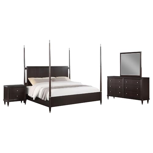 Amber 4pc Poster Queen Bed Set, Modern Dark Brown Wood, Dresser Mirror