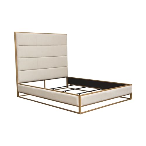 Chek King Size Bed w Channel Tufted Upholstery, Sand Brown, Gold Metal